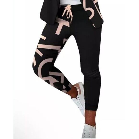 Womens Drawstring Pants Size large Letter Graphic Print Stretch Waist Casual L - Picture 1 of 7